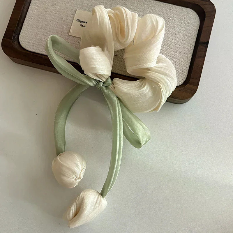 Fashion Sweet Tulip Ribbon Hair Ring For Women Girls Cute Elegant Bowknot Hair Clip Exquisite Tassels Hair Accessories Gifts