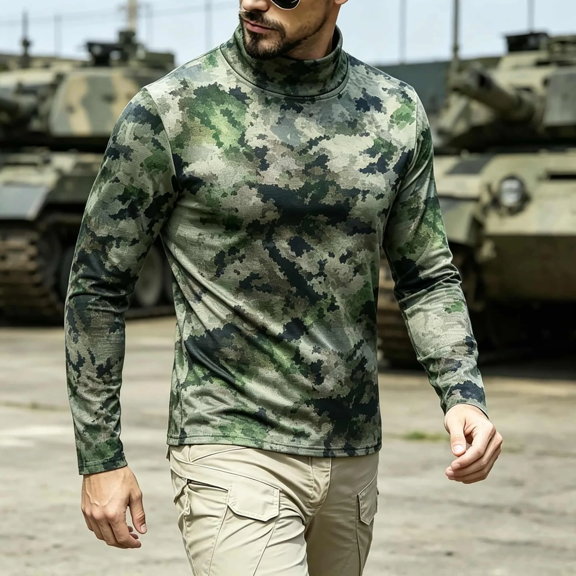 Men Tactical Camouflage Print Mock Neck Long‑Sleeve Shirt, Soft Stretch Outdoor Hiking Training Base Layer Tee