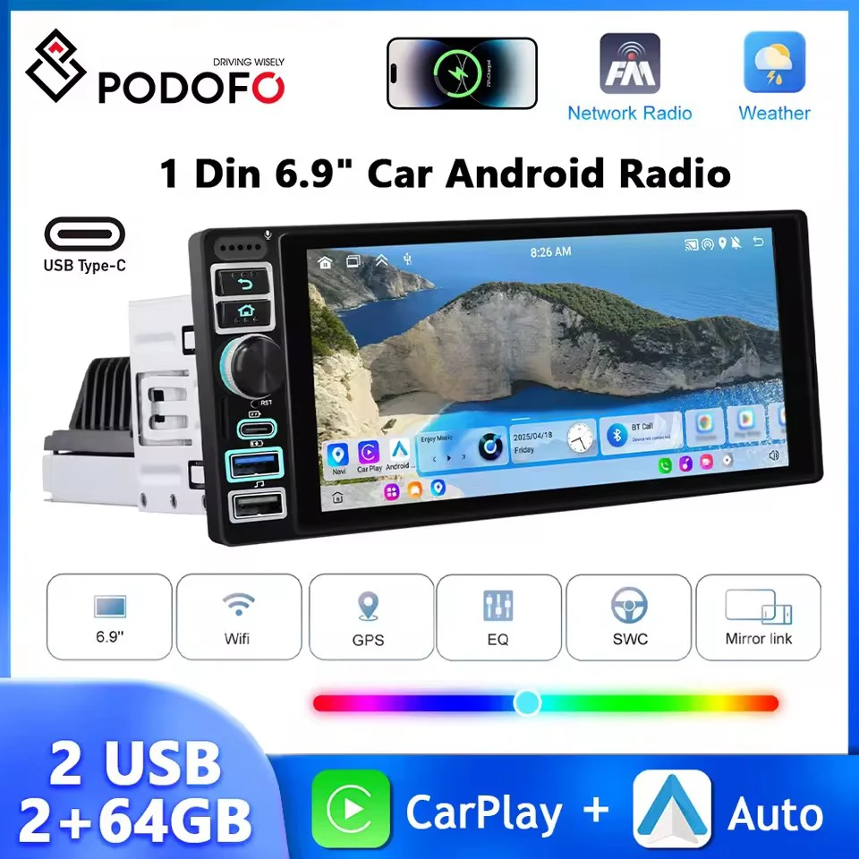 Podofo 6,9-дюймовый IPS-экран Автомобильное радио 2 + 64G 1Din Android Автомобильное аудио GPS-навигация Carplay Android Auto EQ WIFI Type-C USB Авторадио