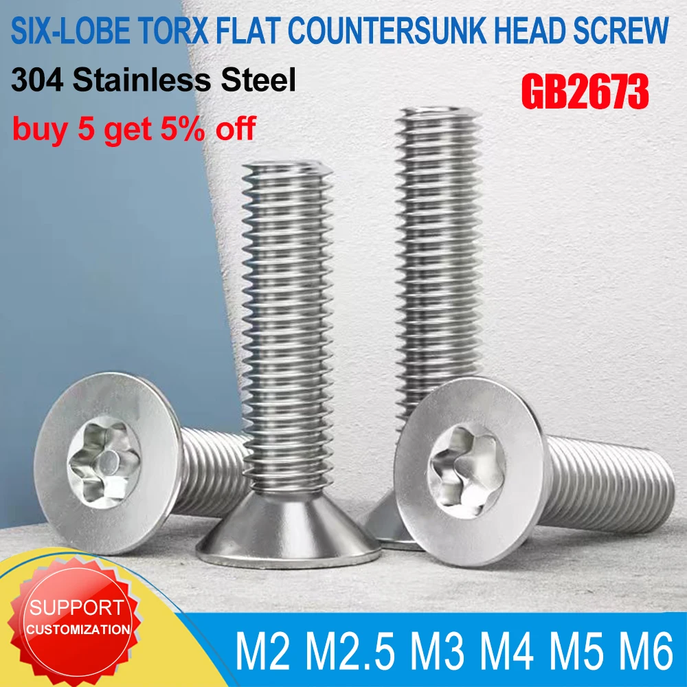 M2 M2.5 M3 M4 M5 M6 GB2673 304 A2-70 Stainless Steel Six-Lobe Torx Flat Countersunk Head Screw Machine Security Bolt