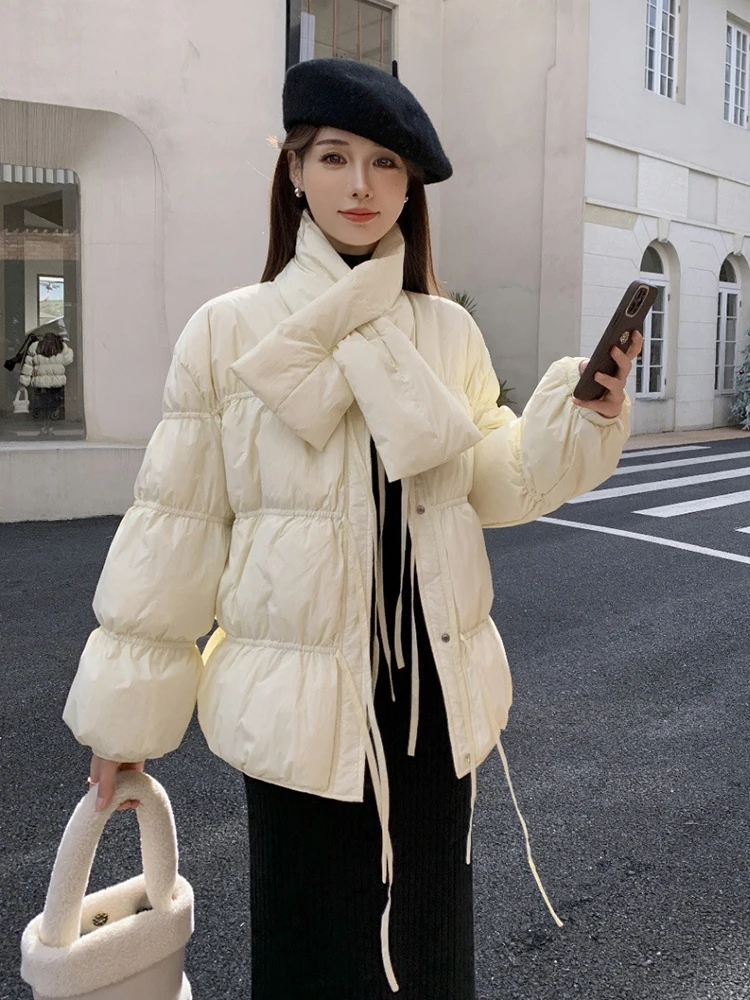 Winter Short with Scarf Lace Up Down Jacket Women White Duck Down Solid Drawstring Down Jacket Female Thick Warm Parker Outwears