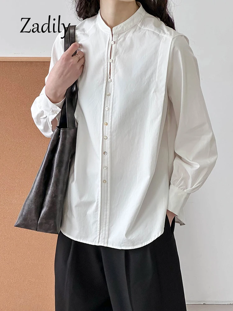 50% Cotton Women White Basic Shirt 2024 Spring Office Lady Long Sleeve Stand Neck Woman Tunic Button Up Work Ladies Blouse Tops