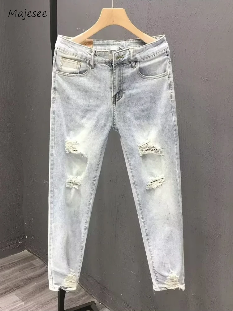 

Frayed Jeans Men Slim Mid Waist Washed Asymmetrical All-match Daily Spring Summer Fashion Korean Style Fitness High Street Retro