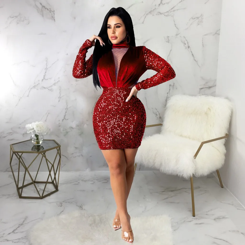 Sexy Doorzichtige Me Velvet Thiened High-ne Glitter Dr Dames ort Rok Bodycon rond Ne Andere Materiaal 00%
