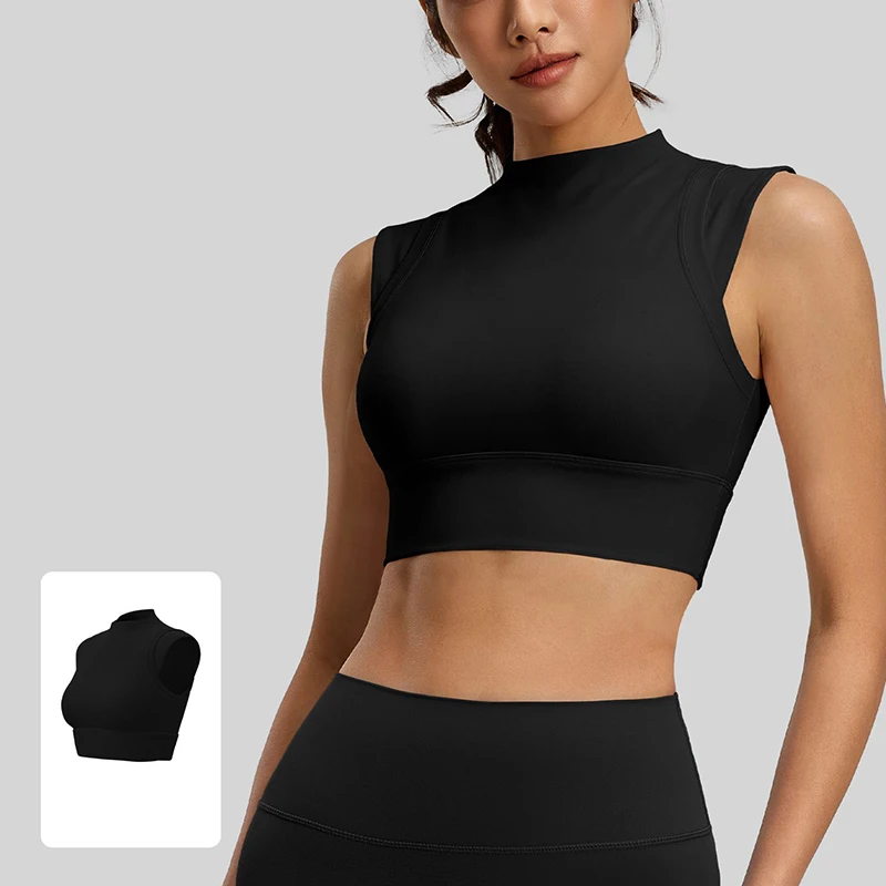 Fashion Women's Mock Neck Skin-Friendly Naked Feeling Sports Bra Stretchy Shockproof Push Up Yoga Bras with Fixed Chest Pads
