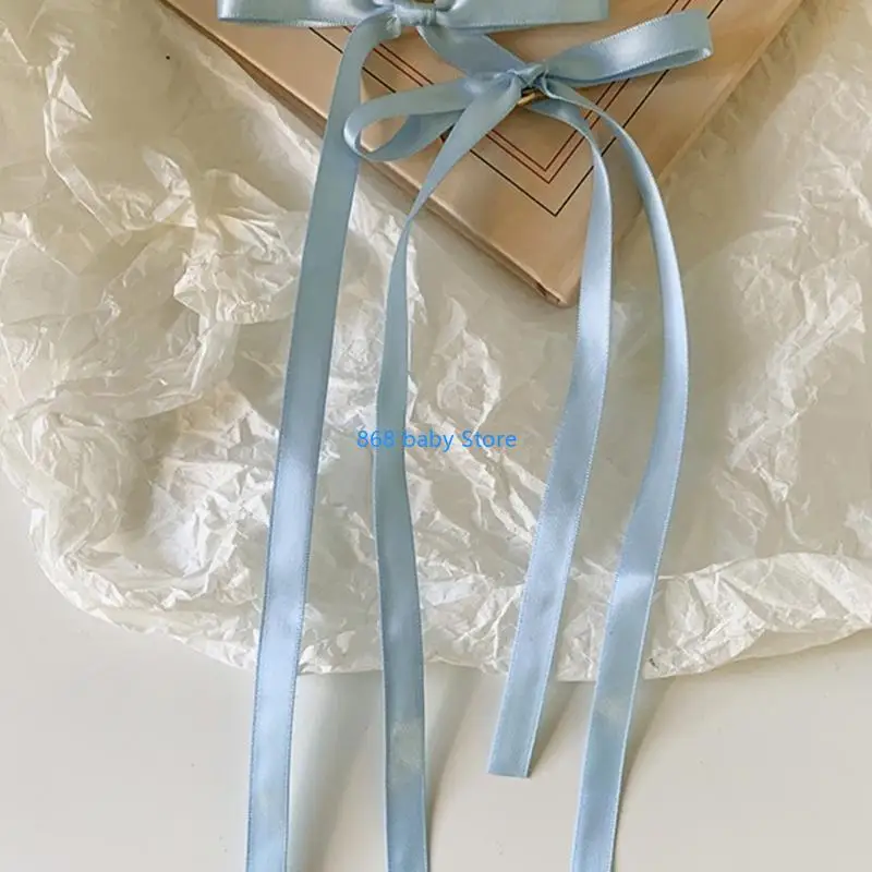 29EE 2 Pcs Ribbon Bow Elegant 2000s Side Clip Bow Hair Clip Sweet Girls Fairy Bow Long Bowknot Balletcore