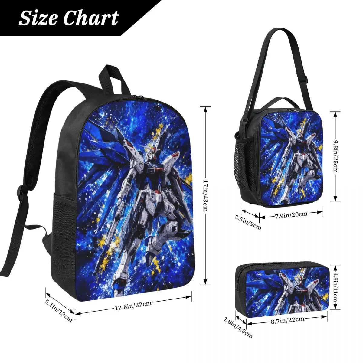 3Pcs Mobile Suit Gundams  School bags Set  Pen Bags Backpack Sets with Lunch Box For School Students Daypack