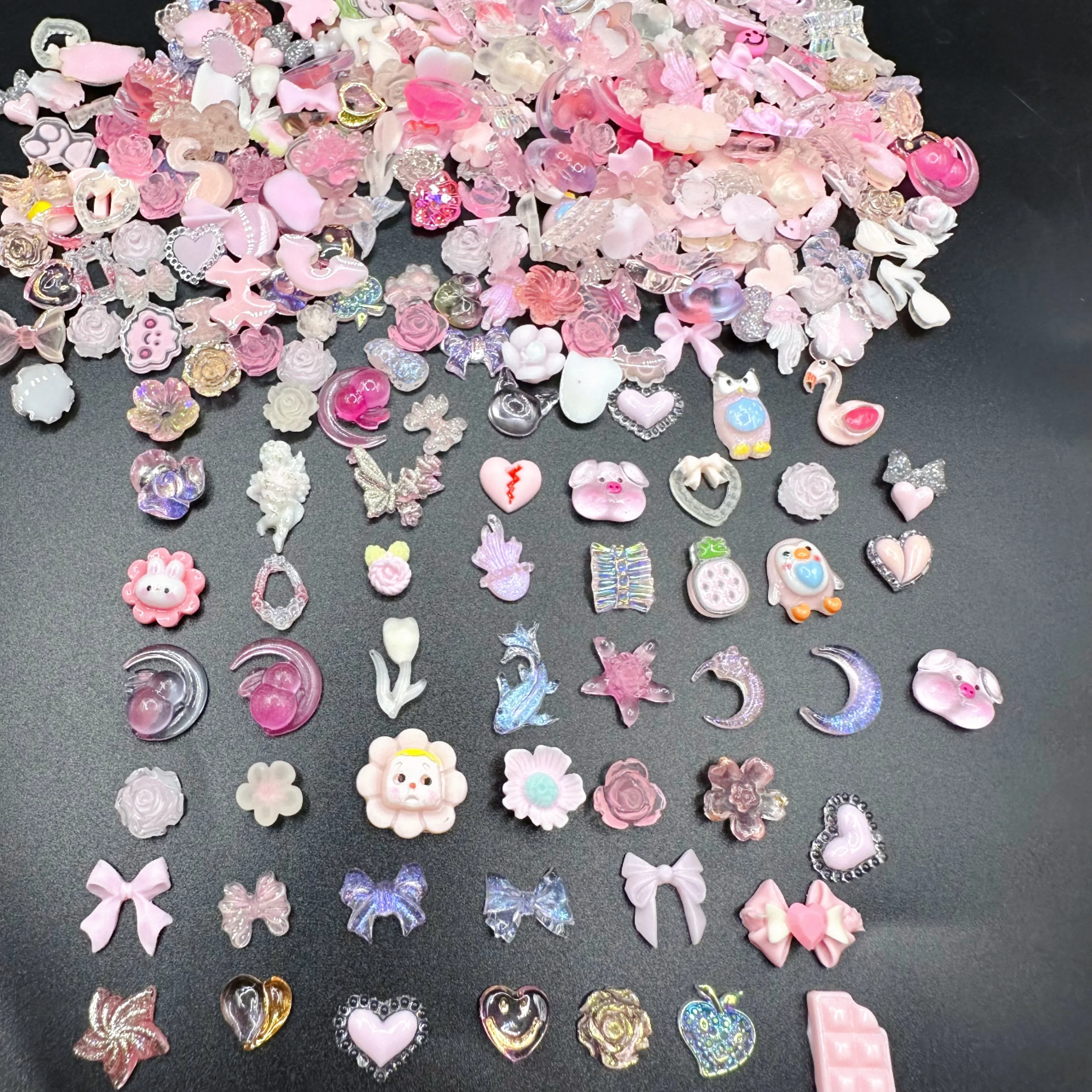 50PCS Mixed Design 3D Arcylic Nail Art Decorations Charms Kawaii Accessories Shiny Aurora Bow Fruits Flower Bear Manicure Parts