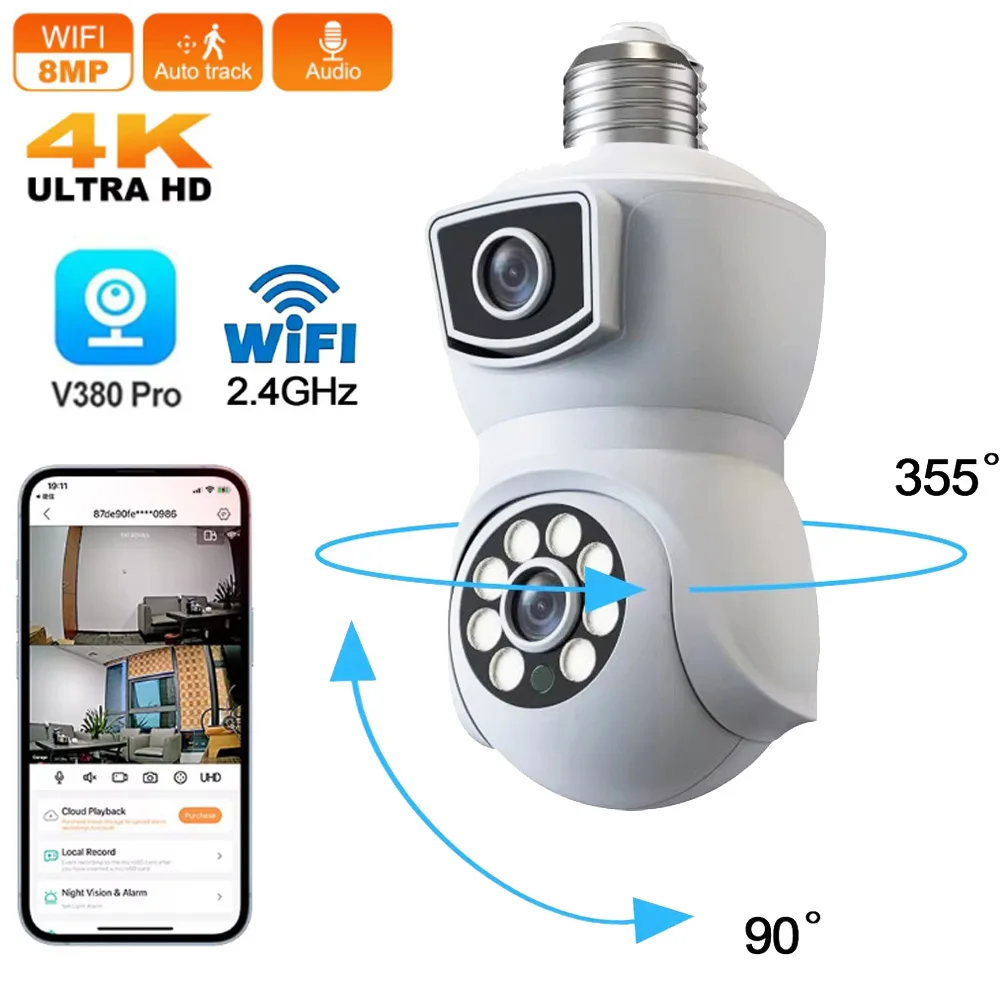 

E27 Bulb WiFi Camera 4K 8MP Dual Lens Dual Screen Auto Tracking Two Way Audio Color Night Vision Outdoor Security Camera v380pro