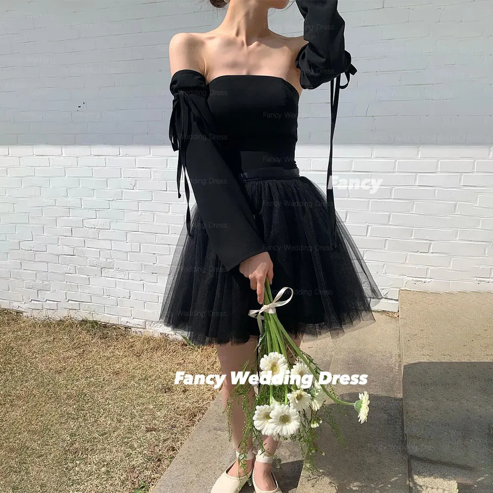 

Fancy Cute Black Mini Short Wedding Dress Korea Photo Shoot Soft Tulle With Sleeve Evening Dress Back Corset Customized