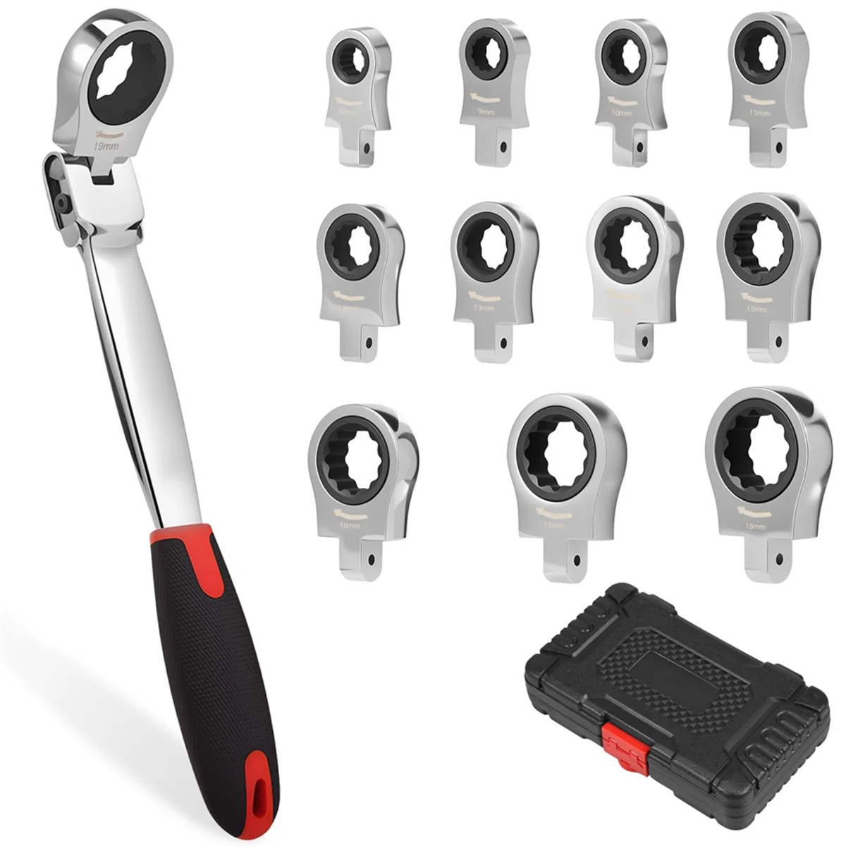 Flex Head Ratcheting Wrench Set, 8-19mm Metric Ratchet Wrench Tool with Interchangeable Heads & Storage