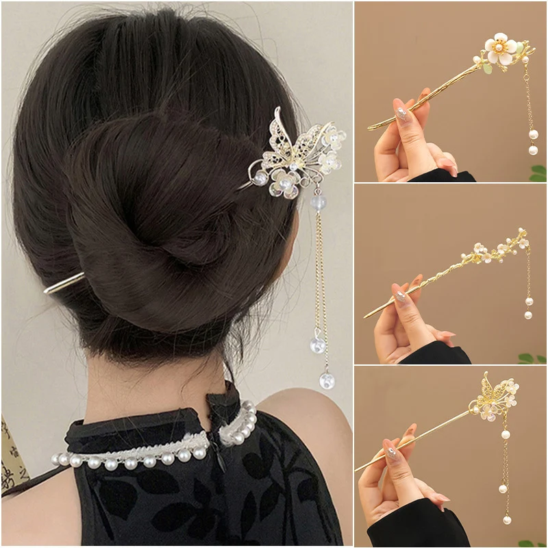 Horquillas chinas clásicas para el pelo para mujer, accesorios de joyería, adorno para el cabello, elegante, hecho a mano, mariposa, flor, palillo