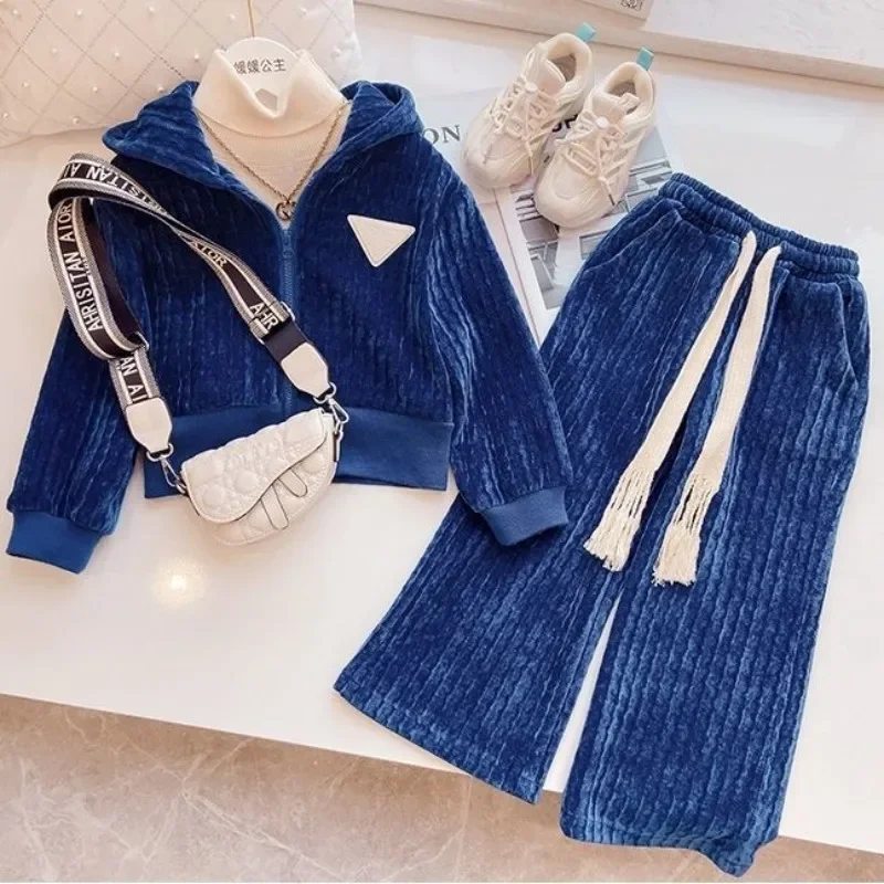 

2024 Junior Girls' Clothing Spring and Autumn Suit Kid's Zipper Hooded Jacket Sports Trousers Korean Version Two Piece Set 4-12Y