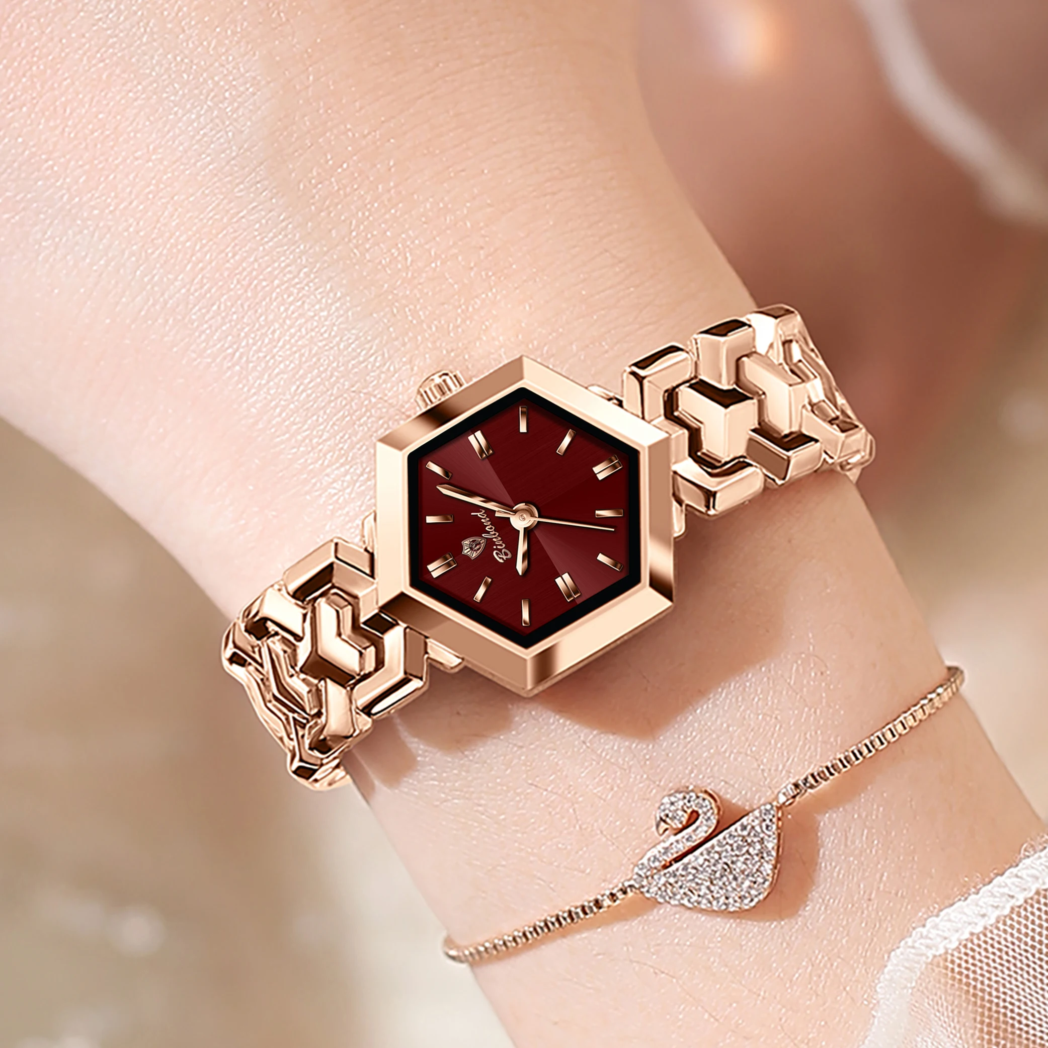 BINIBOND Orologio da donna di moda di lusso Orologio da donna ottagonale impermeabile Orologio da donna al quarzo semplice in acciaio inossidabile