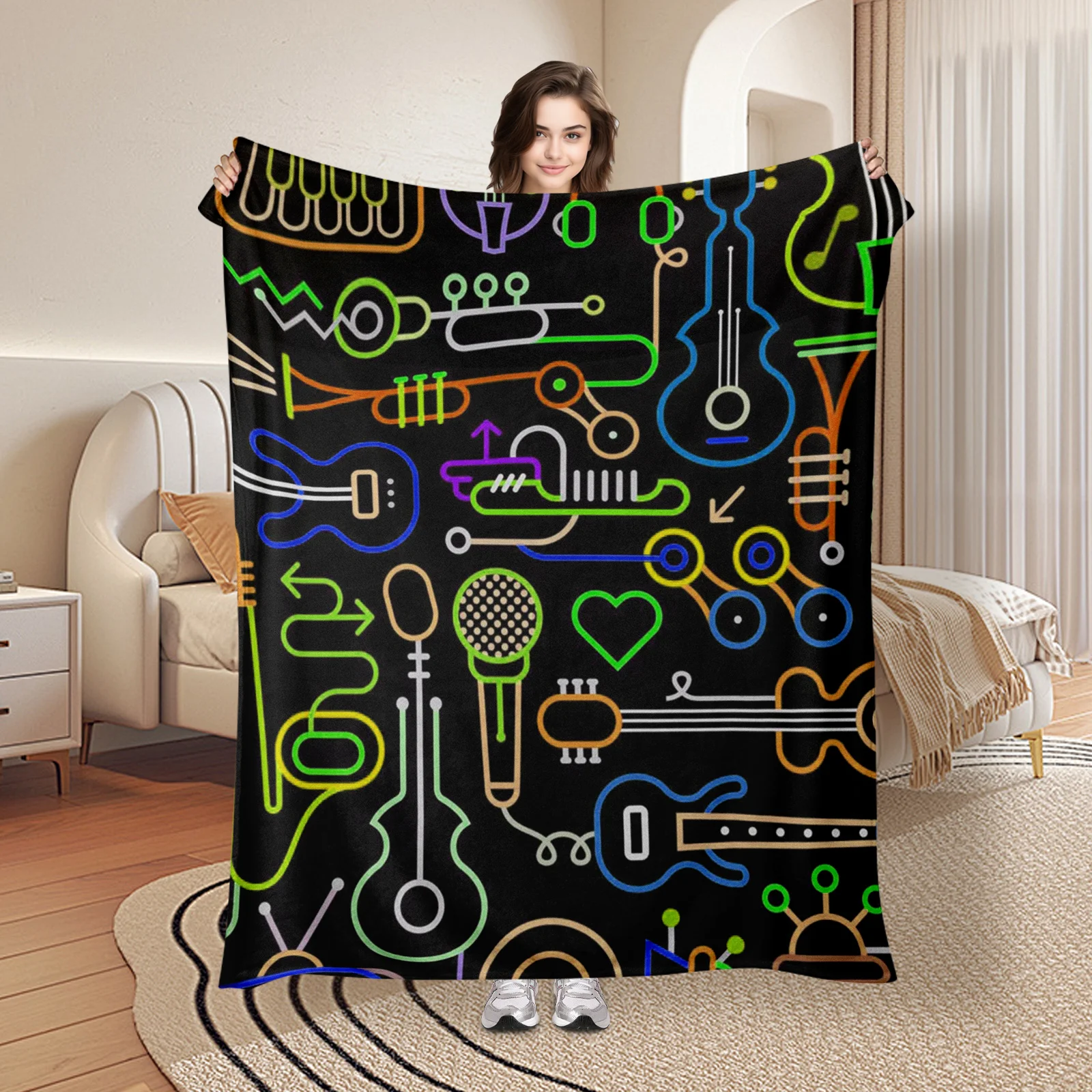

Black Background Throw Blanket Featuring Musical Notes Lines Microphone And Guitar Design For A Bold And Artistic Home Decor