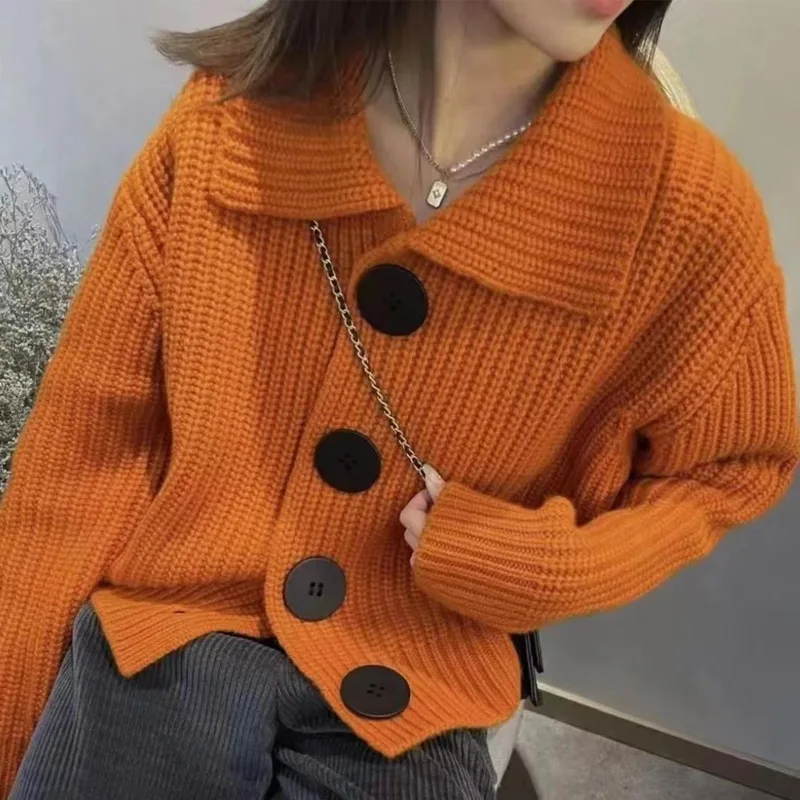 Korean Fashion Loose Polo Neck Cardigan Autumn Winter New Long Sleeve V Neck Solid Trend Knitting Sweater Casual Women Clothing