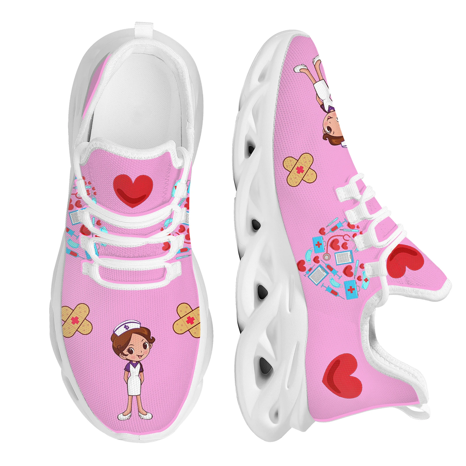 INSTANTARTS Women Shoes Breathable Fashion Mesh Swing Shoes Cute Nurse Girl Pattern Outdoor Cushion Sneakers for Hospital Worker