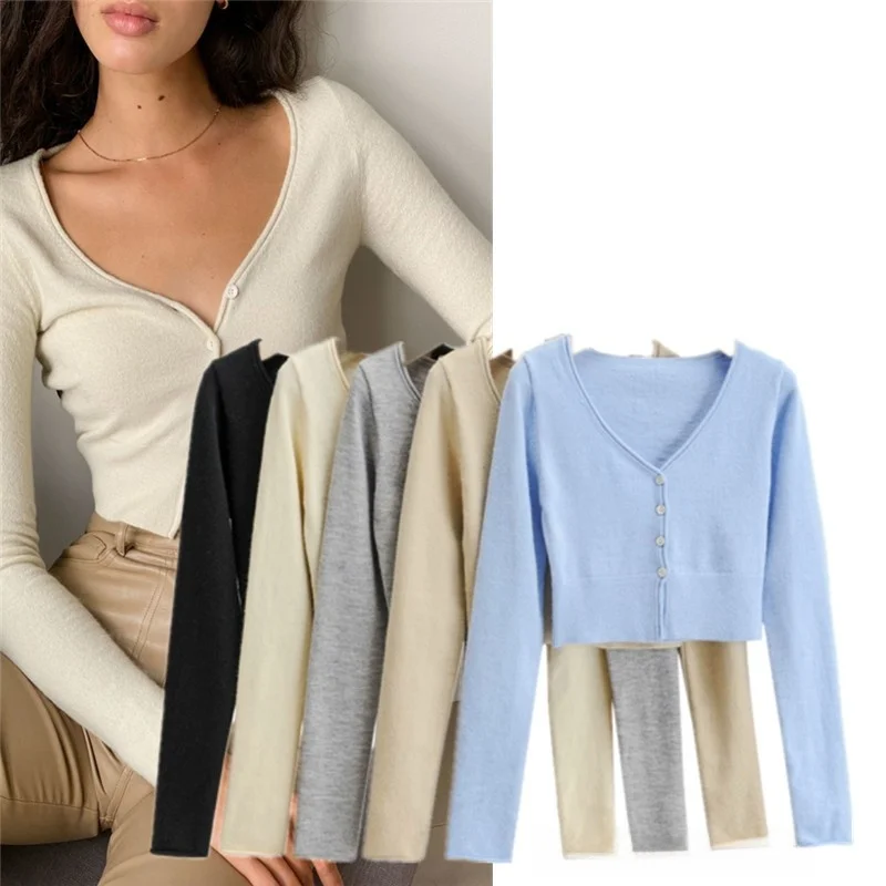 

Мягкий вязаный кардиган с V-образным вырезом, ультракороткий, с длинными рукавами, в уличном стиле, однотонный, на пуговицах, с декоративными отверстиями.