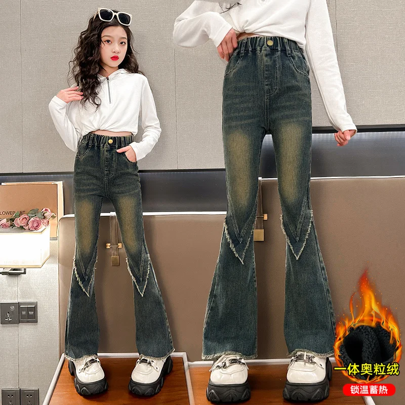 Fashion Girl Slim Jeans Kids Elastic Denim Flare Pants With Tassel Child Solid Color Warm Denim Trousers For Child Teenage 4-14Y