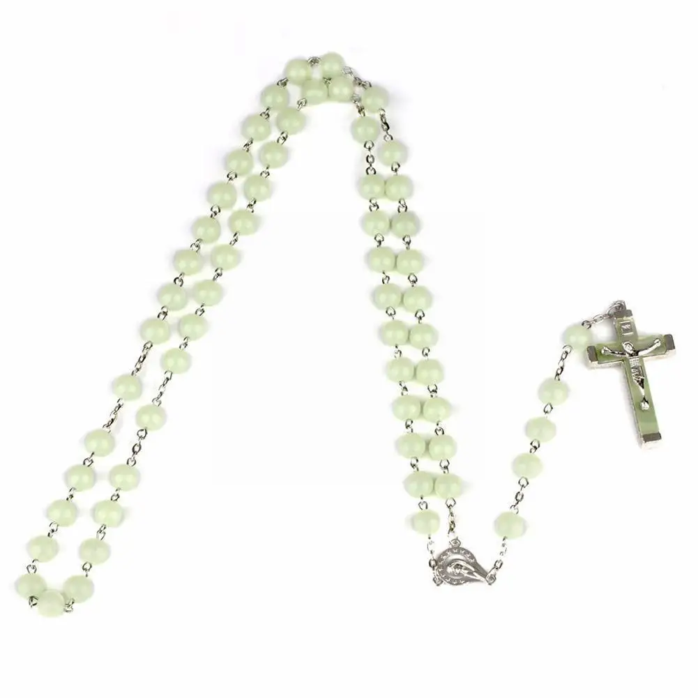 Luminous Cross Necklace For Men Women 8MM Christian Catholic Cross Rosary Necklace Glowing Light In Dark Beaded Rosary Neck V7W2