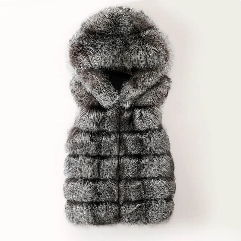 2022 Fur Vest Men Natural Real Silver Fox Coat Winter Warm Luxury Fluffy Men Fur Coats With Hood