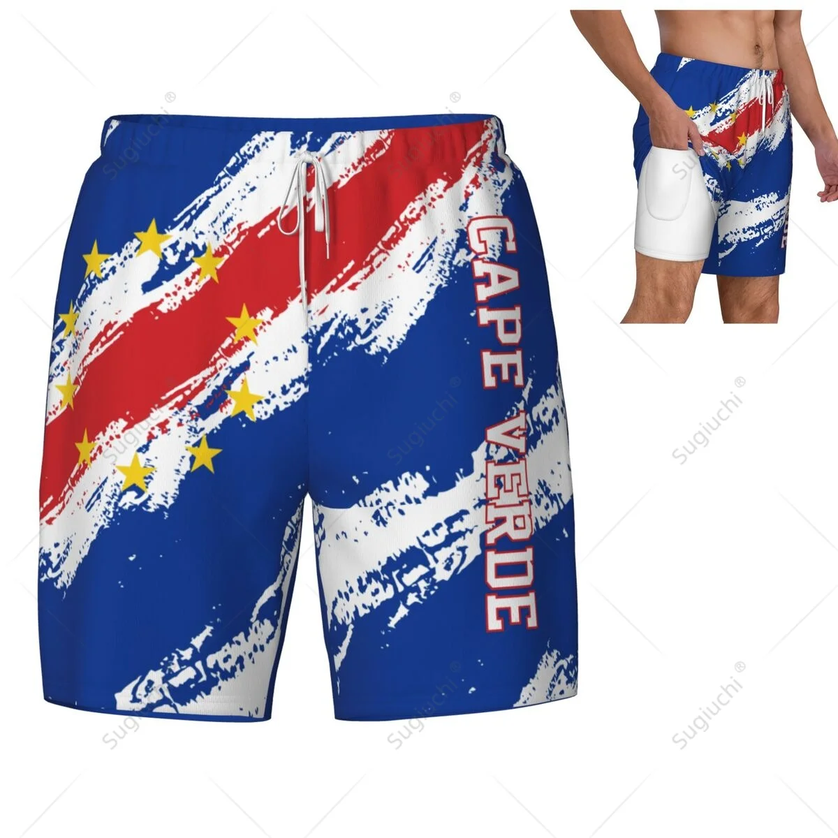 

Cape Verde Flag 3D Mens Swimming Beach Surfing Pants Swim Shorts Trunks Compression Liner 2 in 1 Quick-Dry