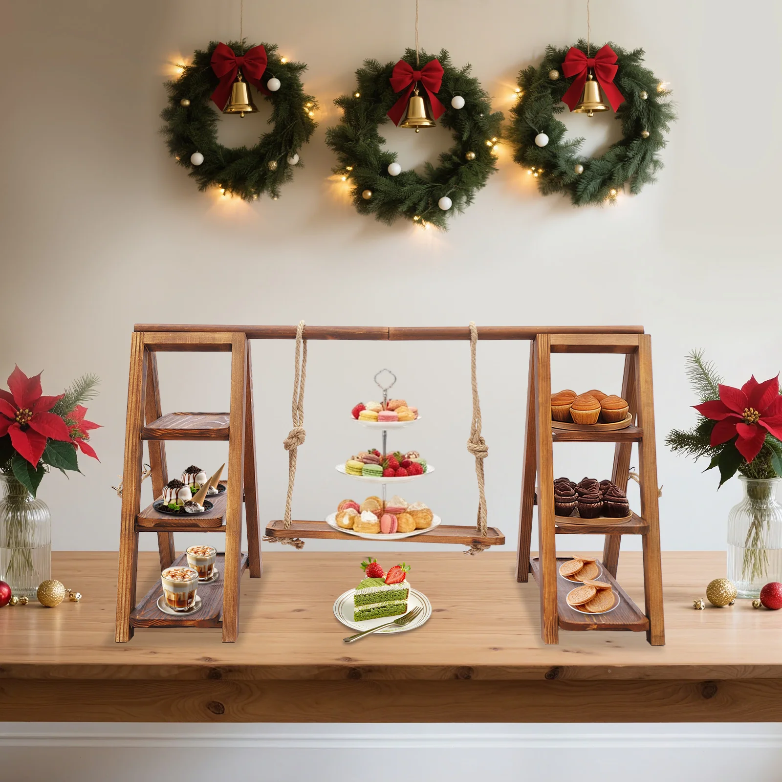 

Деревянная 3-х уровневая подставка для кексов, подставки для десерта с поддоном и качелей, украшение для рождественской вечеринки, рождественский подарок