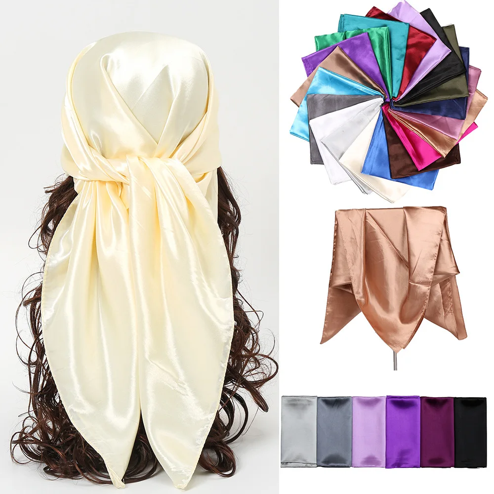 Mode 90*90cm solide quadratische Schal gefälschte imitierte Seide Wraps elegante Blumen Kopf Hals Haar gummi Band Damen Frauen Mädchen Kopftuch