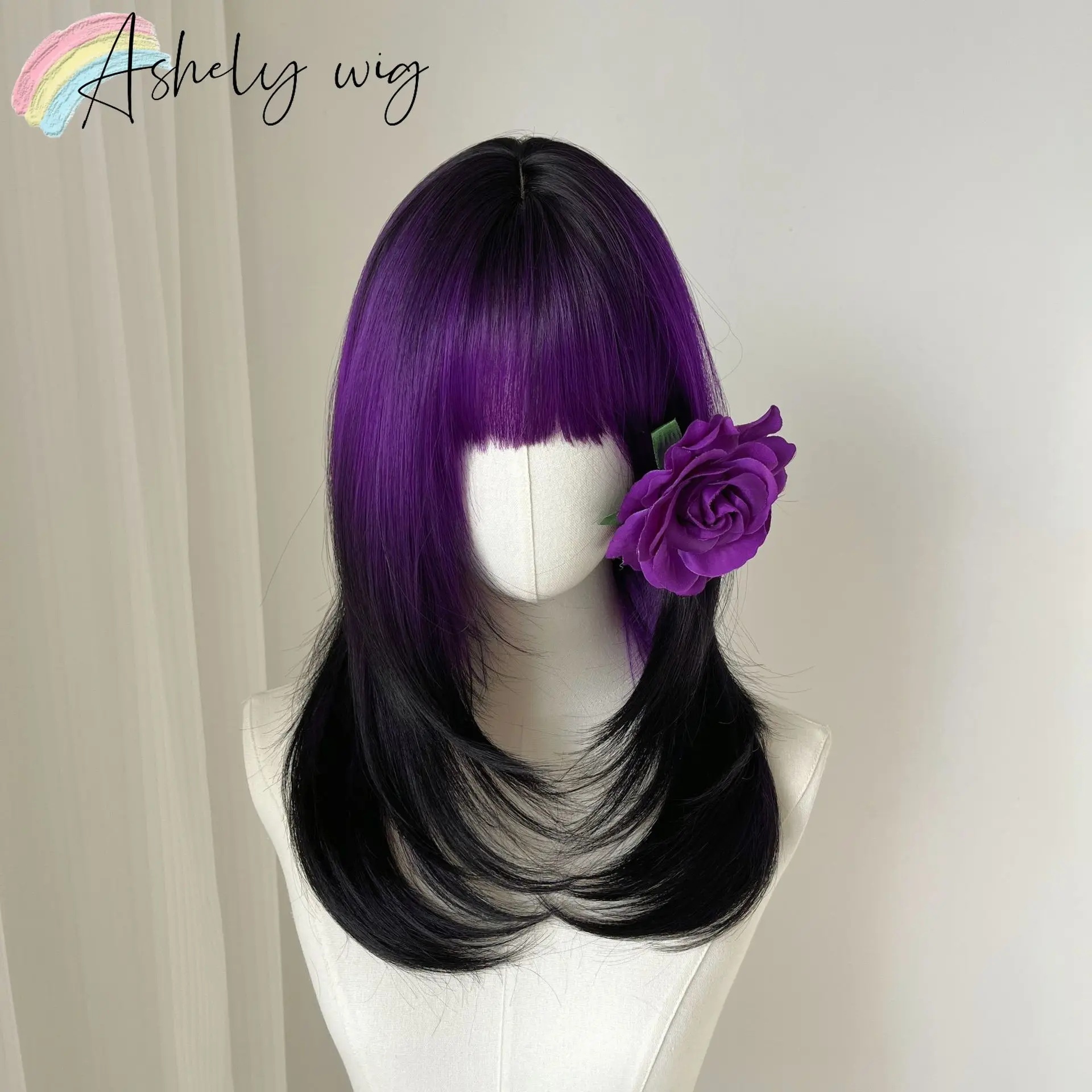 Ashley Wig Two Tone Black Purple Wolf Cut Wig with Straight Bangs Medium Layered Synthetic Hair Wig for Women Goth Cosplay Daily