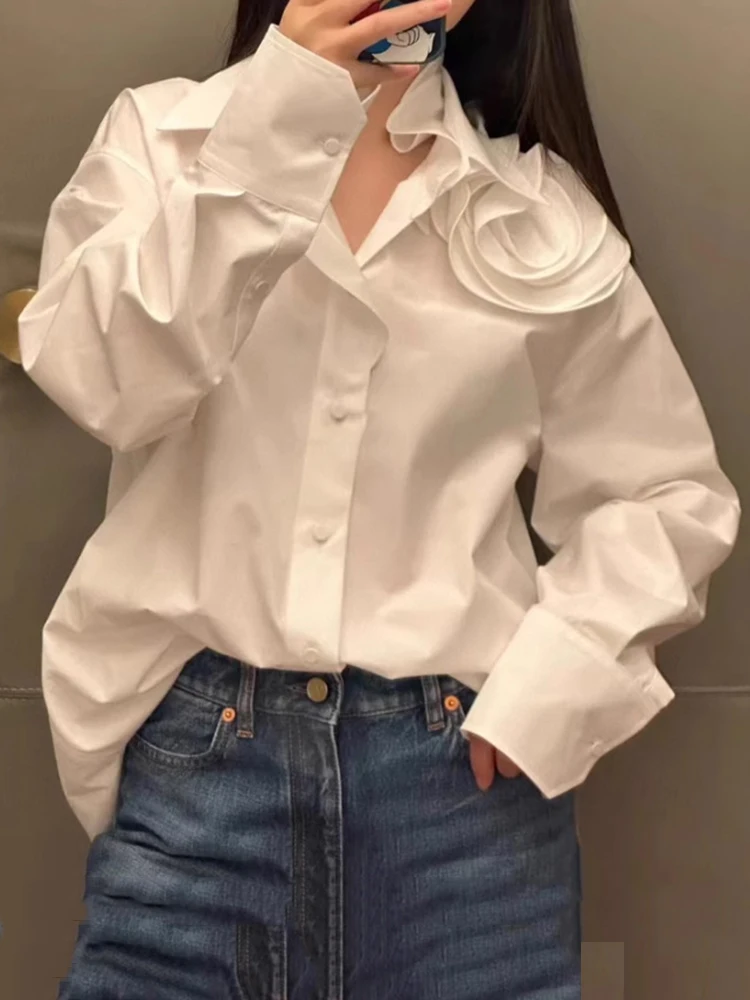 

3d Flower Design Shirts For Women Solid Single Breasted Long Sleeves High Street Female Blouse 2024 Summer New