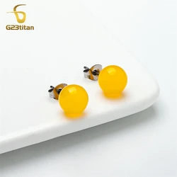 Bright Yellow Topaz Natural Stone Earrings Surgical G23 Titanium Piercing Women Jewelry Simple Agate Ball Ear Studs aretes mujer