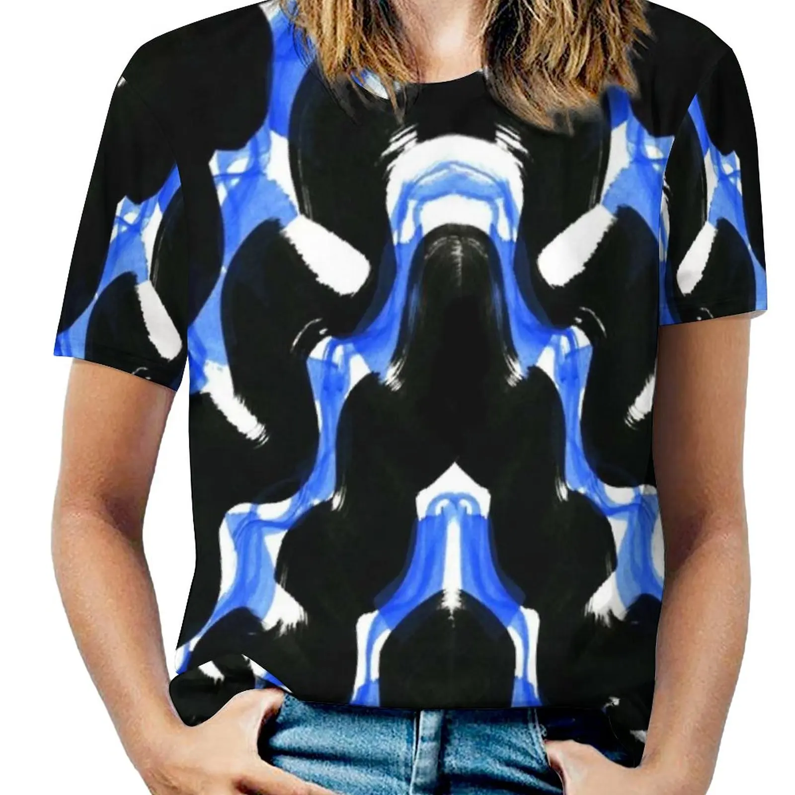 Black And Blue Space Wave Painting Fashion Print Women Ladies Girls T-Shirt Harajuku Round Neck Short Sleeve Tops & Tees Jean