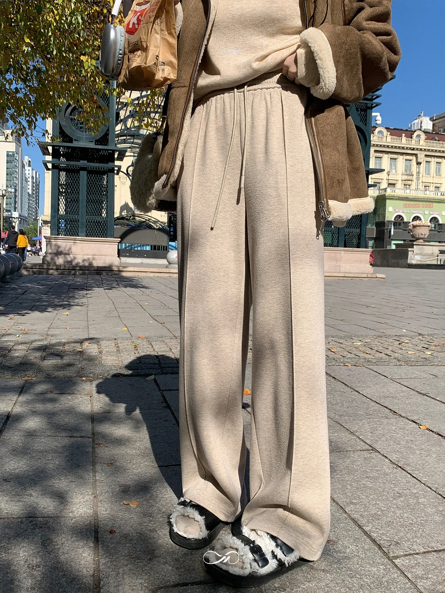 

Женские зимние шерстяные твидовые брюки Maixi больших размеров с широкими штанинами, повседневные брюки с высокой талией для полных женщин, прямого кроя