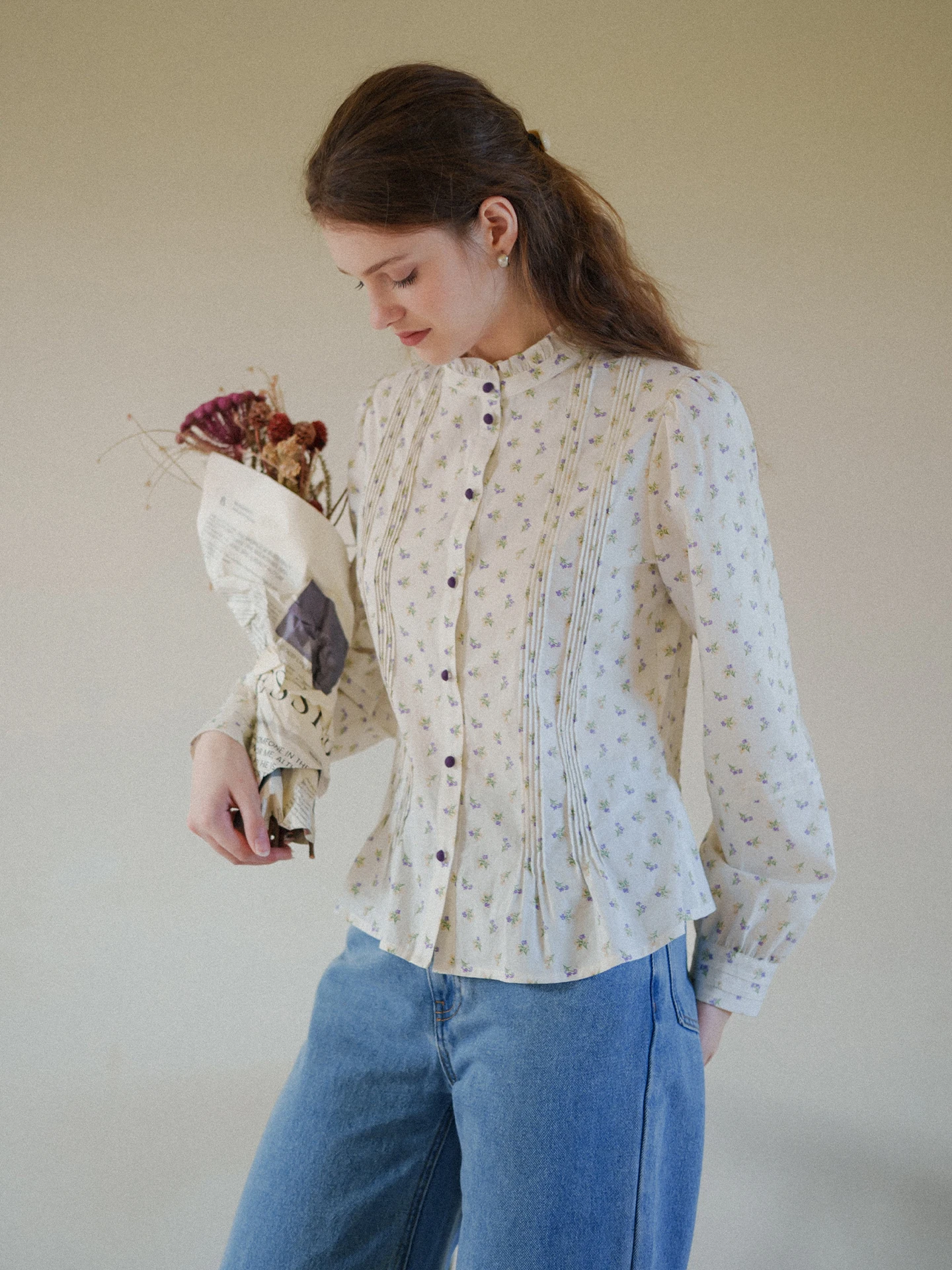 

Retro Floral Print Shirt Gathered Accordion Pleat Lace Collar Layering Waist Cinching Women's Long Sleeve Cotton Blouse