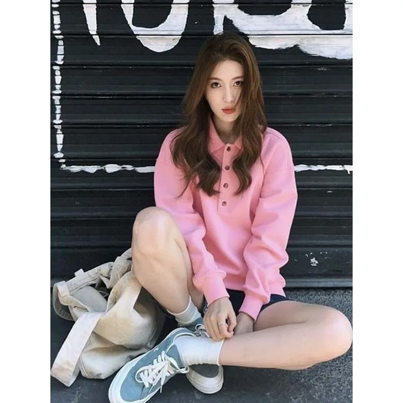 Felpa da Donna Rosa con Colletto a Polo, Maniche Lunghe, Bottoni Frontali, Stile Casual e Comodo per Uso Quotidiano