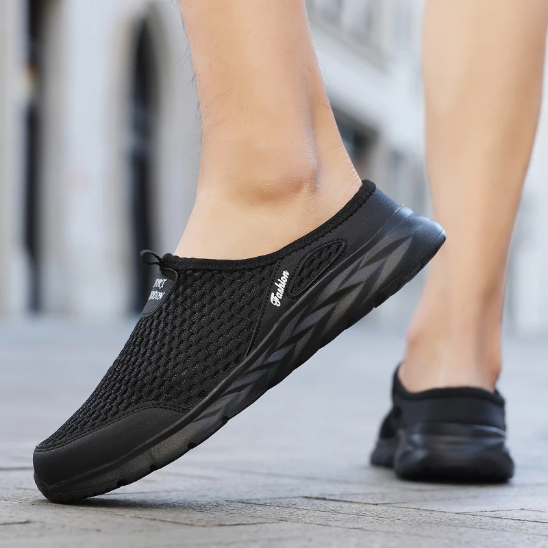 Mens Half Slippers Summer Breathable Mesh Mens Shoes Outdoor Casual Walking Shoes Large Flat Light Mesh Slippers Sandals