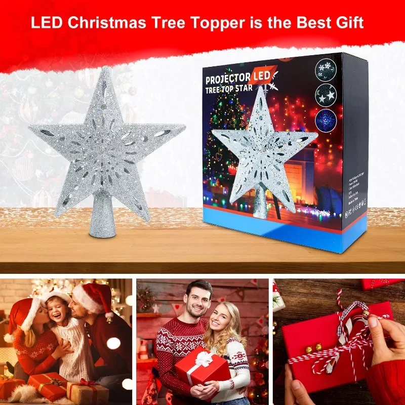 Christmas Tree Topper Lighted Star Tree  with LED Rotating Snowflake Projector Lights