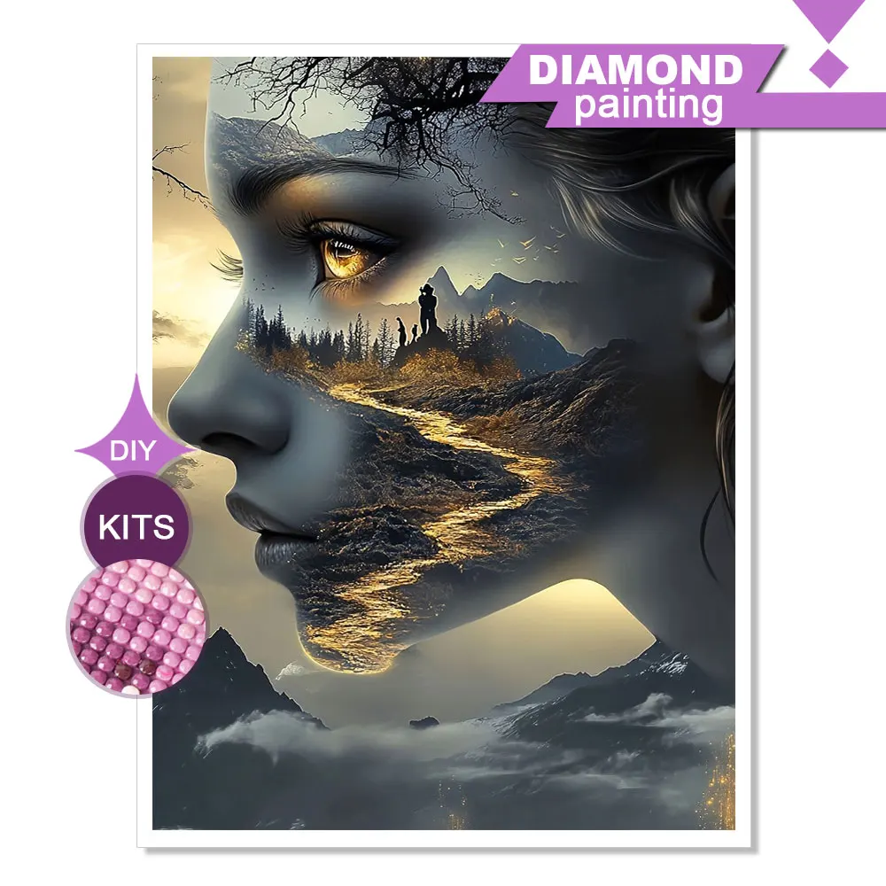 Huacan 5D Diamantmalerei Bergtal Frau Seitenprofil Diamantmosaik Porträt Landschaft Dekorative Gemälde Geschenk