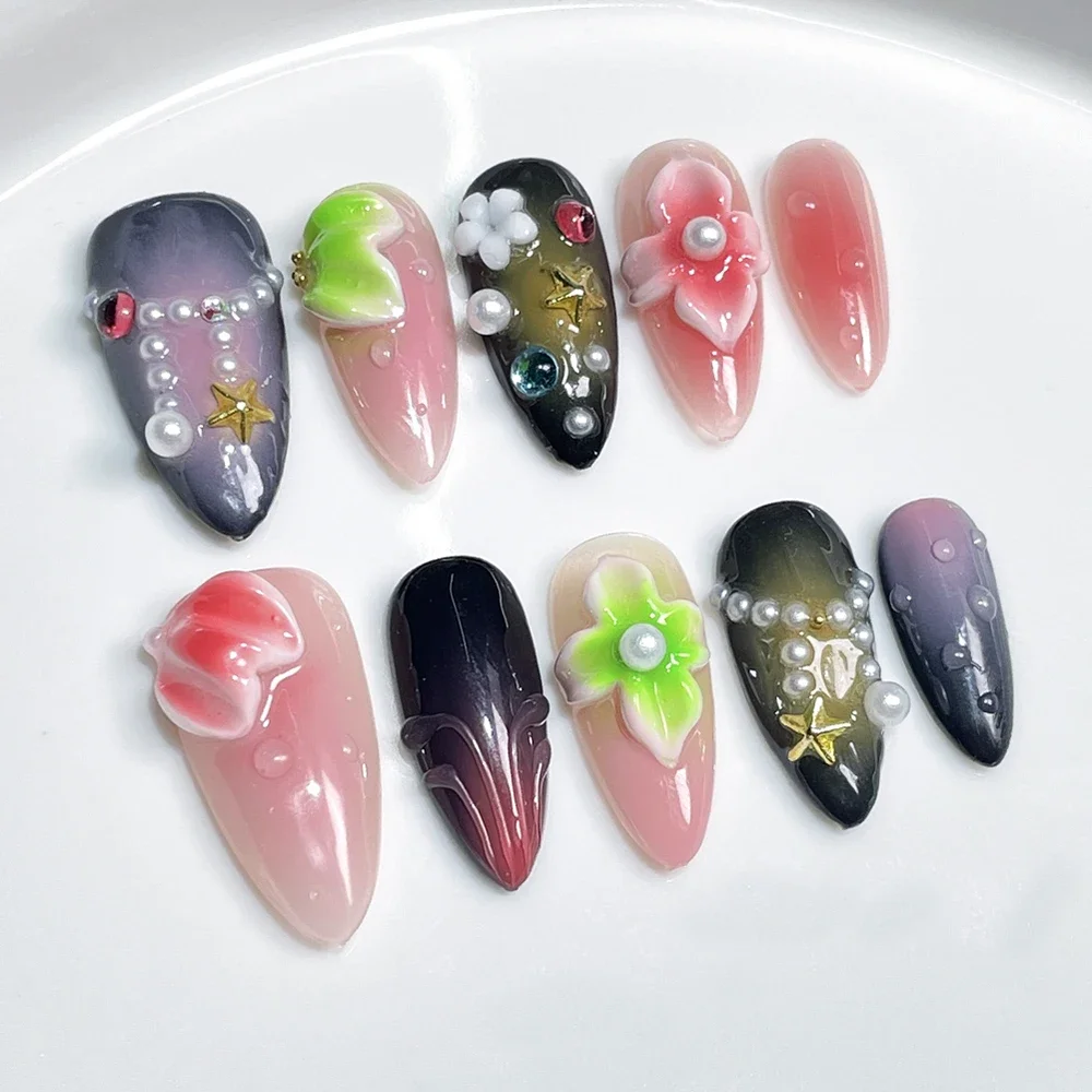 10Pcs Y2K Handmade Duckbill Long Coffin Almond French False Nails Spice Girl 3D Flowers Diamond Pearl Wearable Press On Nails