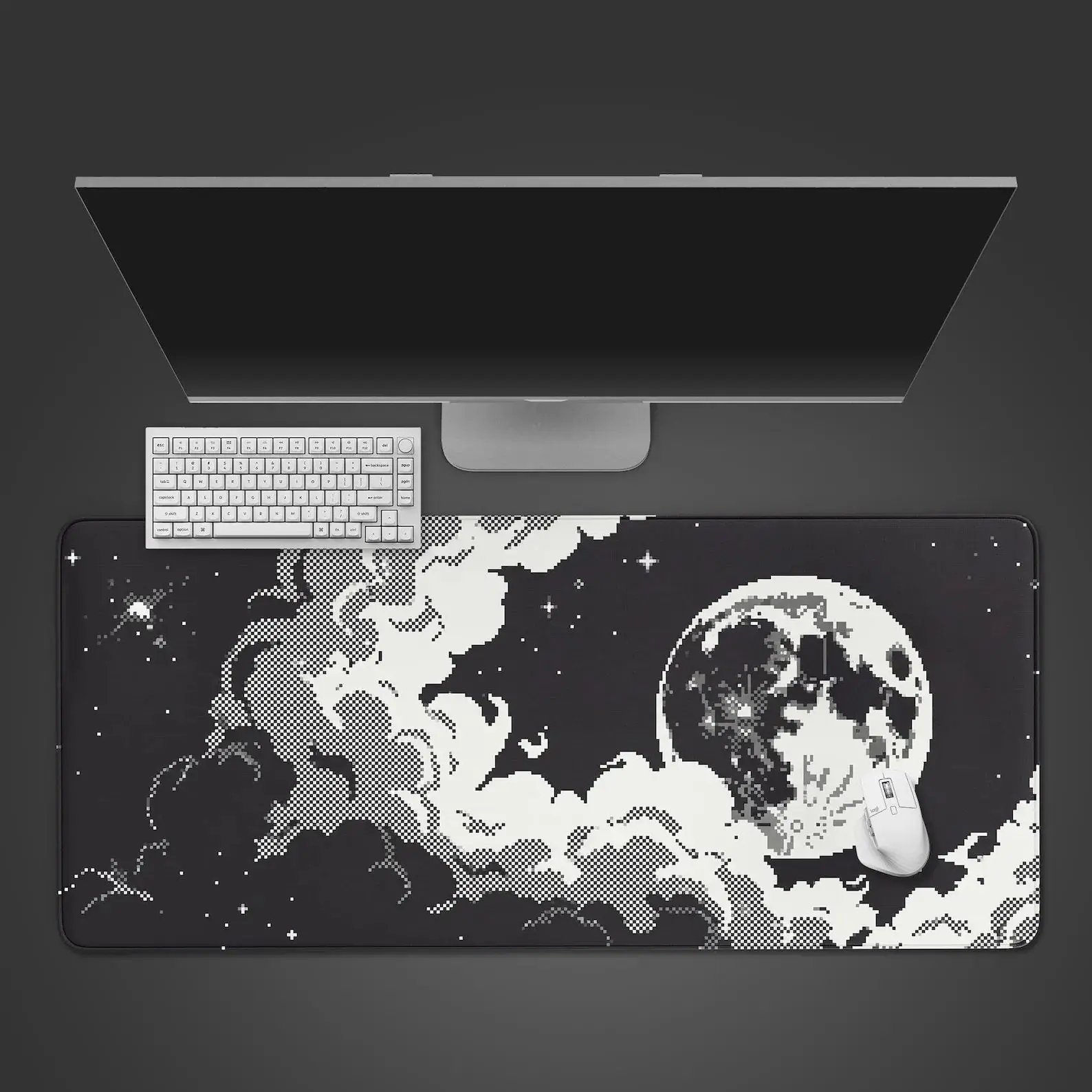 Retro Pixel Art Mause Pad Desk Mat, XL Monochrome Mousepad, Minimalist Tech Aesthetic, Large Keyboard Mat, Gift for Coders