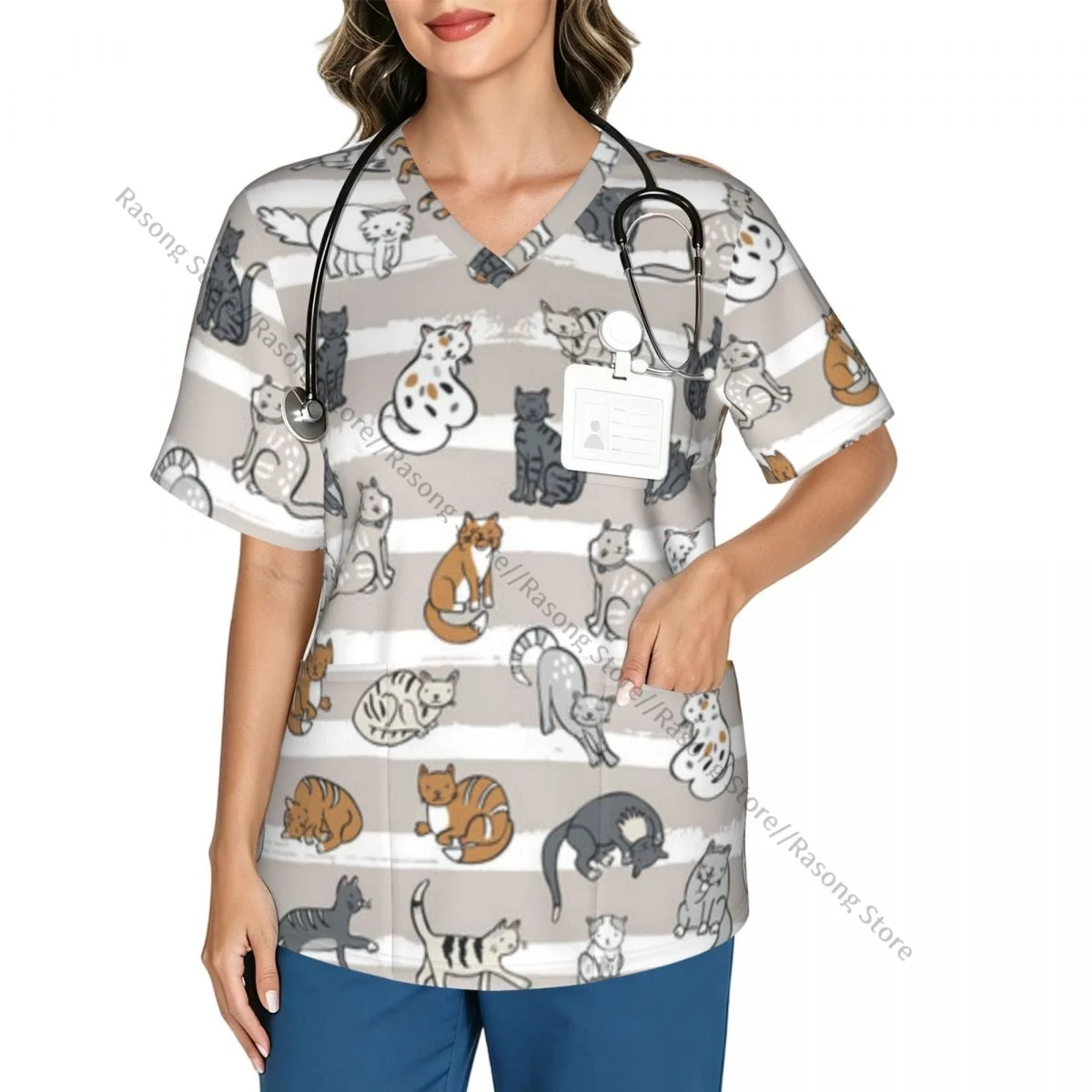 Cute Cartoon Cats Illustration Scrubs tops medical uniforms women V Neck Stretch Scrub Shirt Dentist doctor Blouse