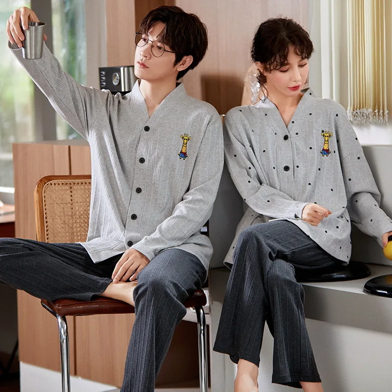 Autumn Cotton Women's Long Sleep Tops Pant Pajamas Set Man's Pijamas Suit Sleepwear Fashion Cardigan Home Suit Couples Clothing