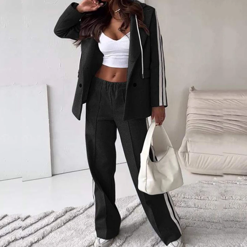 Fall Office Ladies Lapel Blazer Coat Set Casual Elastic Waist Straight Pants Suits Elegant Striped Printed Long Sleeved Outfits