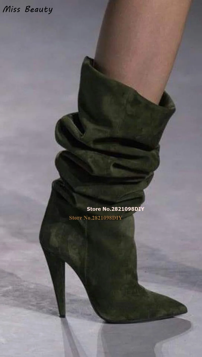 Stivali con tacco alto al ginocchio con tacco a spillo Slouchy in pelle verde donna punta a punta Runway Bota