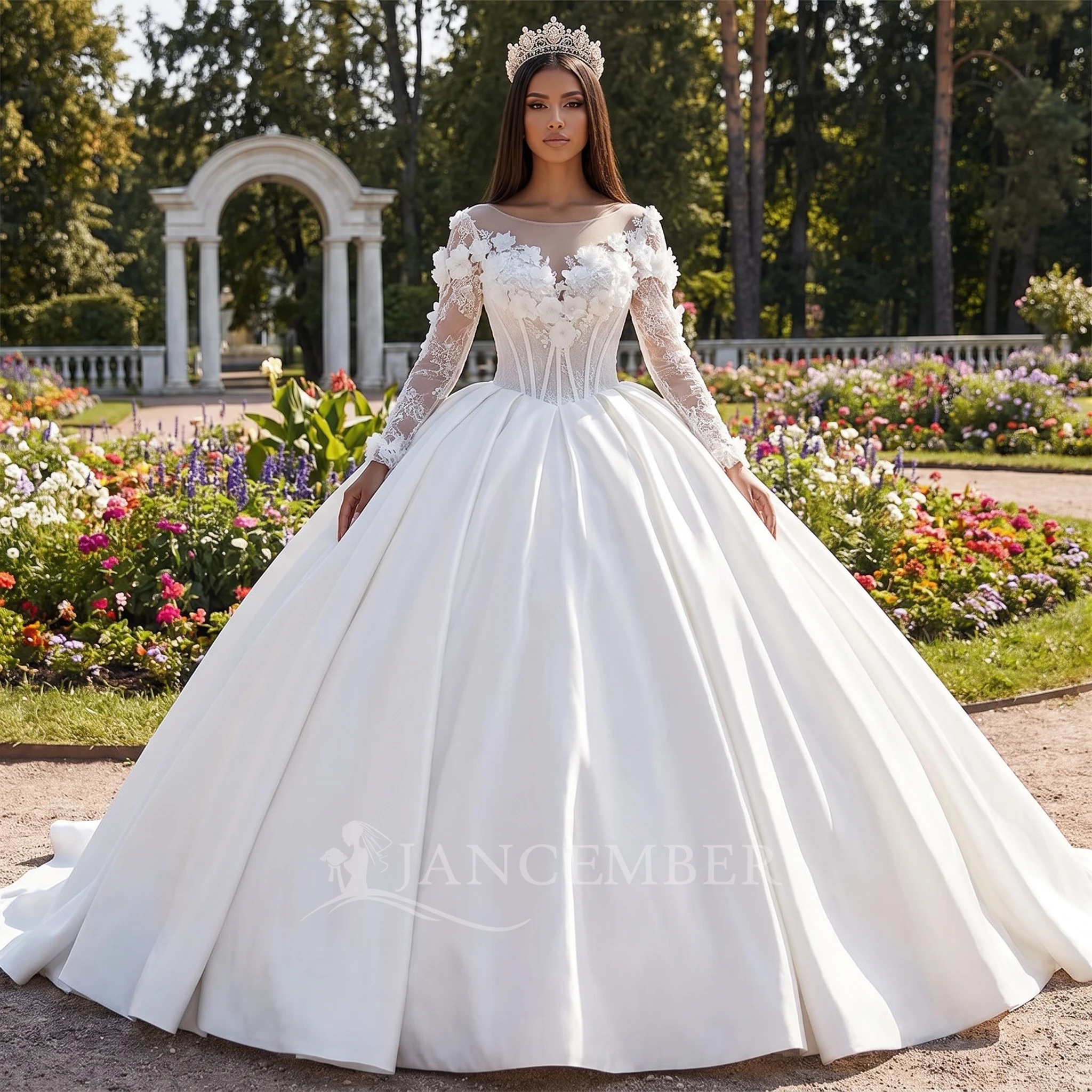 Customzied O-Neck Long Sleeves Ball Gown Satin Lace Appliqué Elegant Wedding Dress Floor-Length With Bow vestidos de novia boda