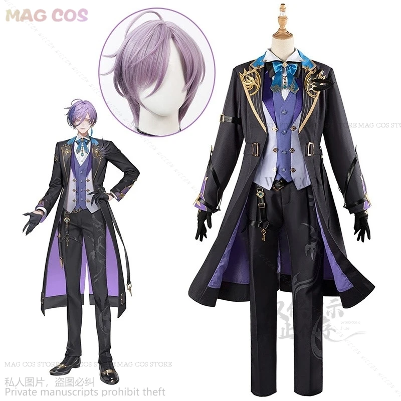 Anime Vtuber Sakaki Ness Cosplay Costume Handsome Uniform Halloween Wig Short Purple Heat Hair Halloween Role Play Party Lolita