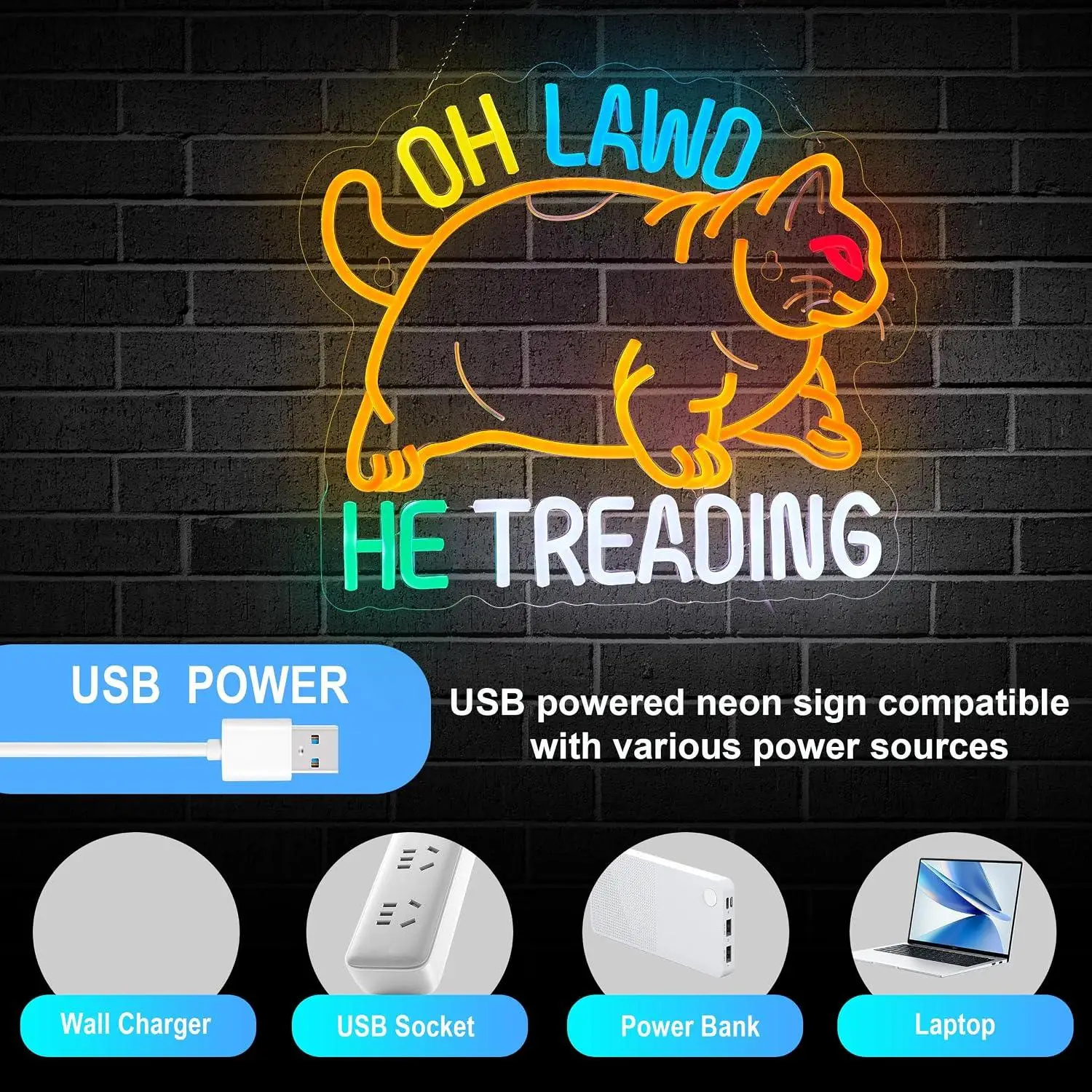 Oh Lawd He Treading Chonky Cat Neon Sign LED Light for Bar Beer Pub Man Cave Club Bedroom Party Funny Pet Themed Wall Decoration
