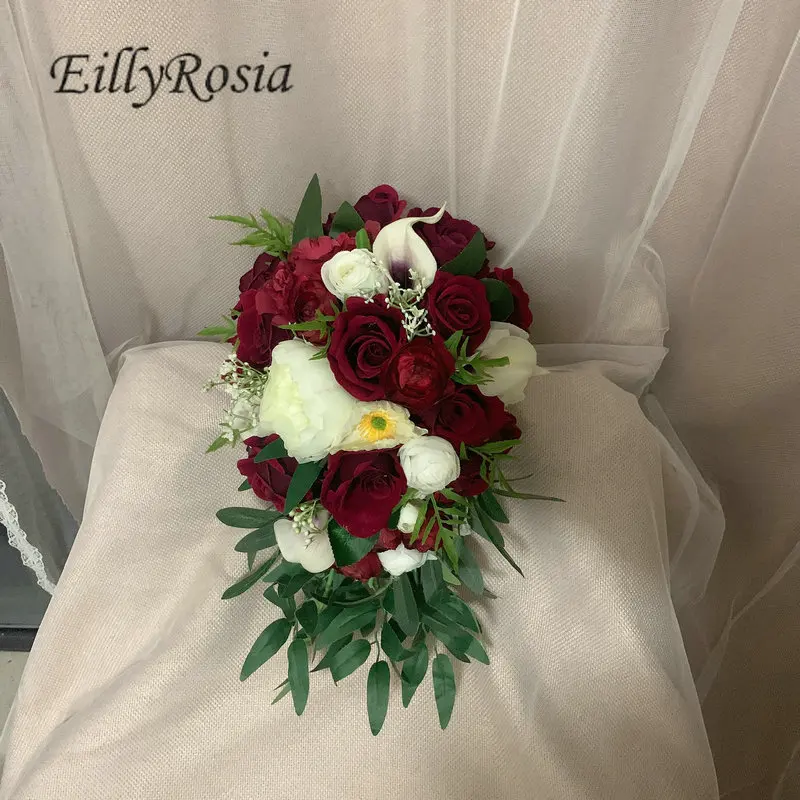 EillyRosia Burgundy Bridal Bouquet Wedding Flowers Peony Teardrop Cascading Wedding Bouquet for the Bride Artificial Flowers