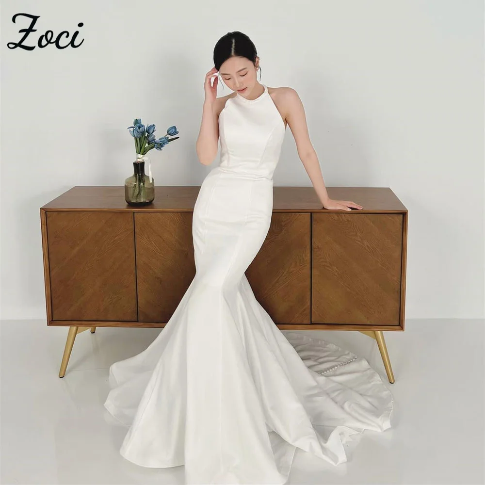 

Zoci Elegant O Neck Korea Wedding Dresses Mermaid Satin Backless Customized Photos Shoot Dresses Simple Button Bridal Party Gown