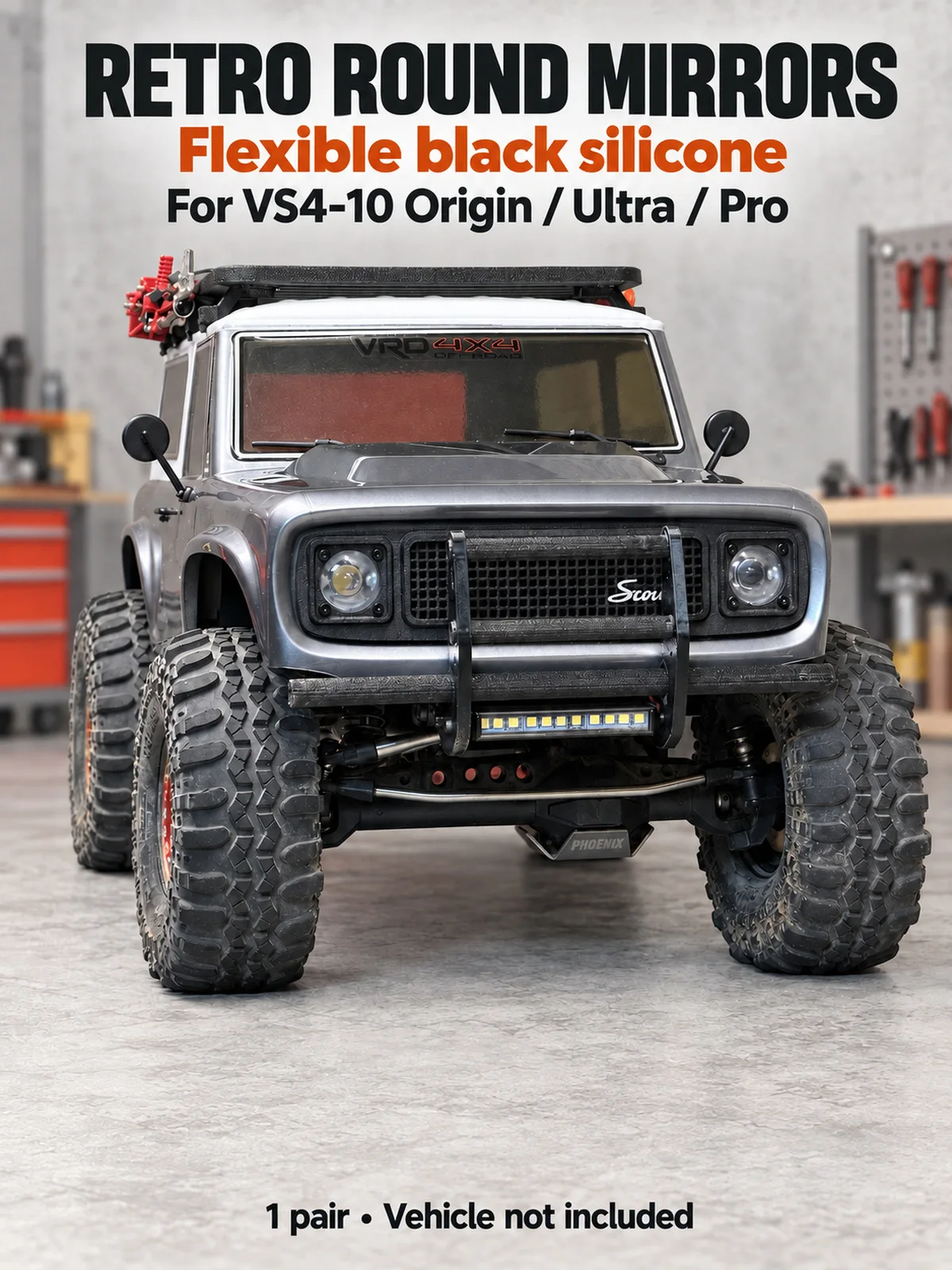Fits Vanquish VS4-10 Origin Ultra Pro Vintage Round Silicone Side Mirrors Pair Black Soft  1/10 RC Crawler Upgrade OP Parts